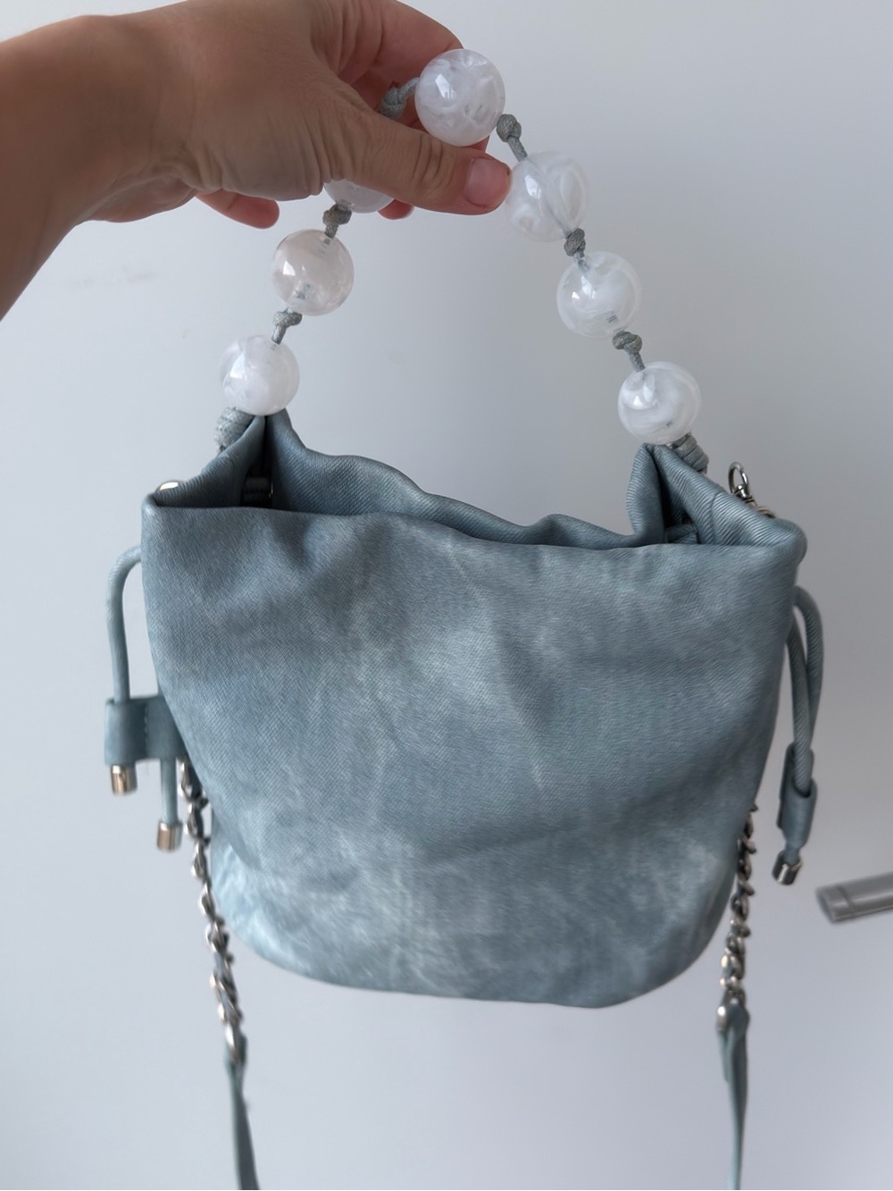 Light Blue Mini Drawstring Bucket Bag with Pearl-Style Handle - Picture 6 of 10